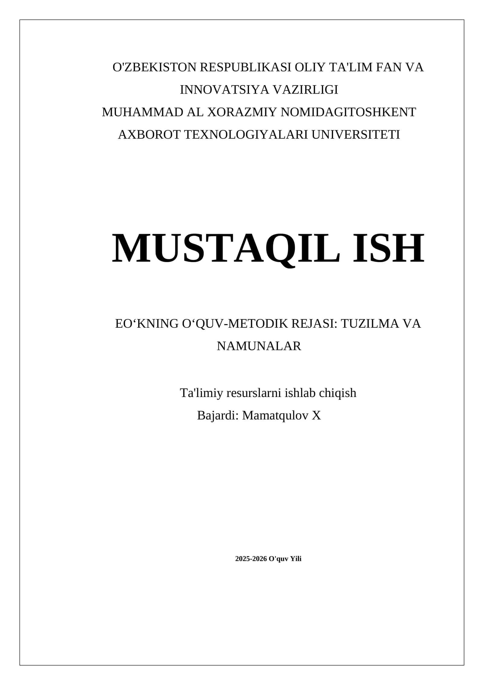 EO‘KNING O‘QUV-METODIK REJASI: TUZILMA VA NAMUNALAR 1
