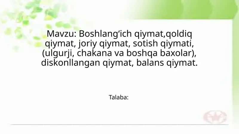 Asbob-uskunalarning boshlang‘ich qiymati 1