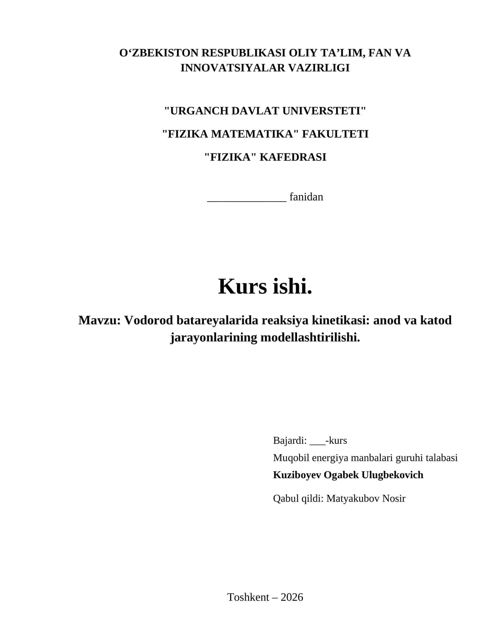 Vodorod batareyalarida reaksiya kinetikasi: anod va katod jarayonlarining modellashtirilishi. 1