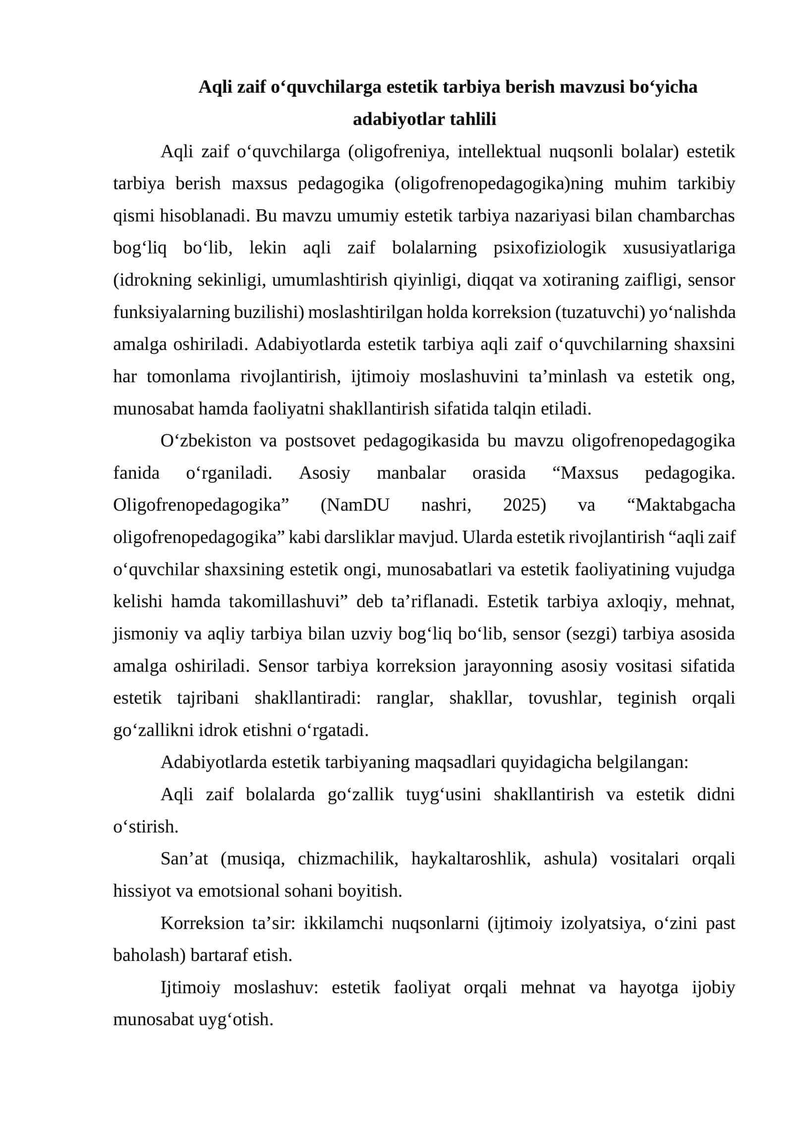 Aqli zaif o‘quvchilarga estetik tarbiya berish mavzusi bo‘yicha adabiyotlar tahlili 1