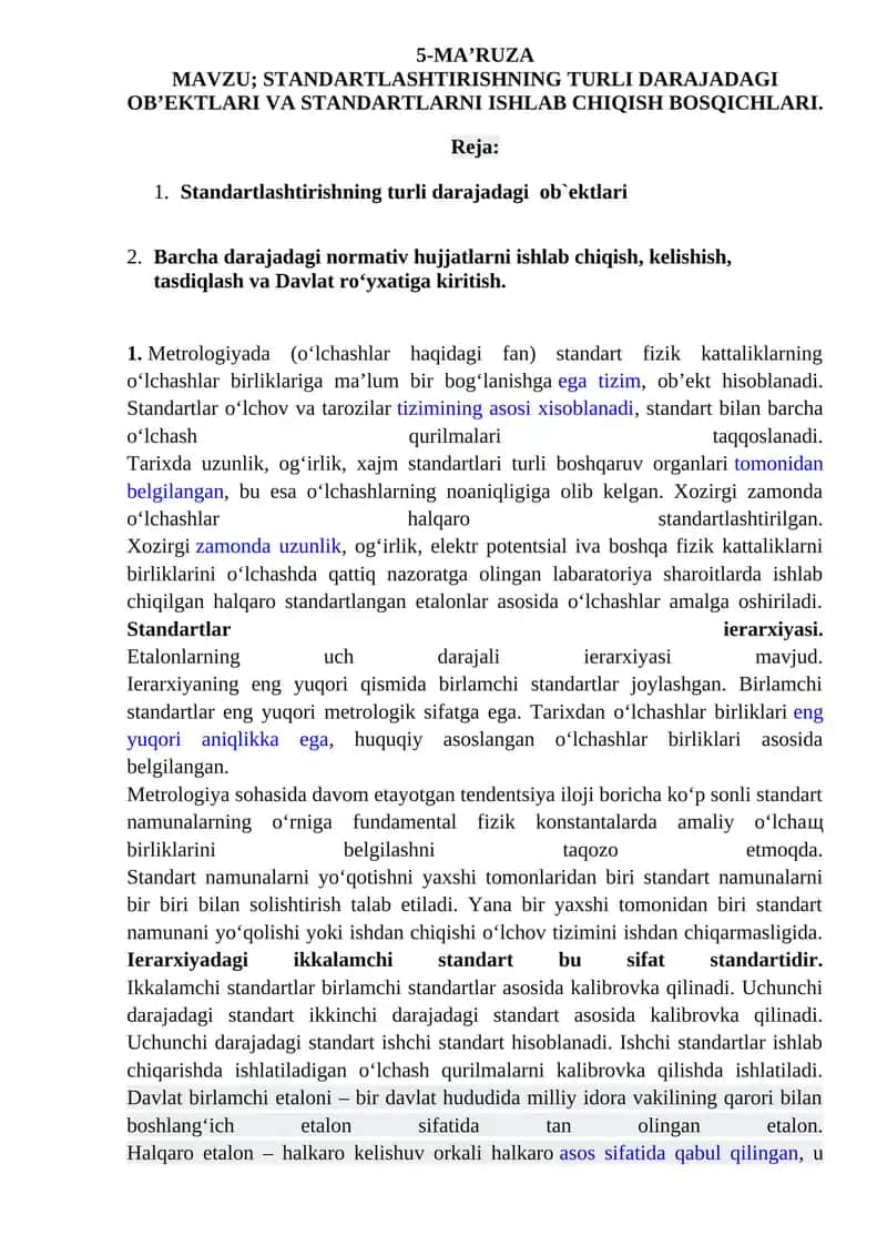 Standartlashtirishning turli darajadagi ob'ektlari va standartlarni ishlab chiqish bosqichlari 1