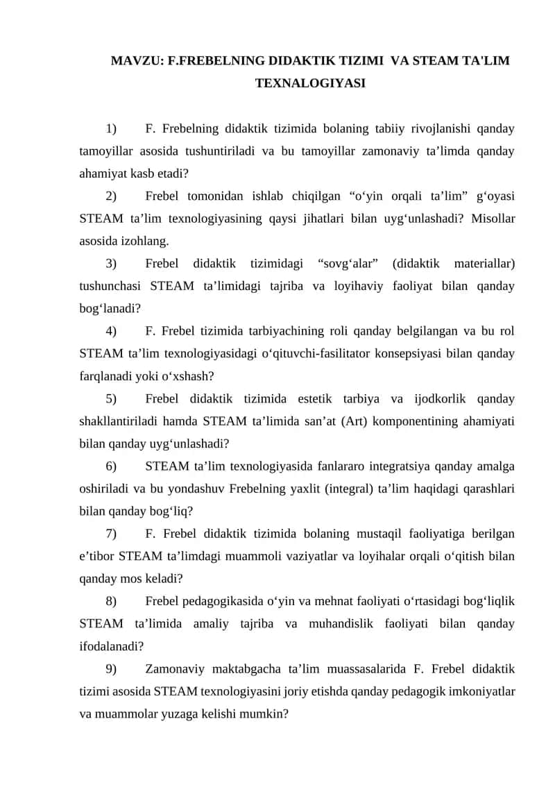 F.FREBELNING DIDAKTIK TIZIMI VA STEAM TA'LIM TEXNALOGIYASI 1