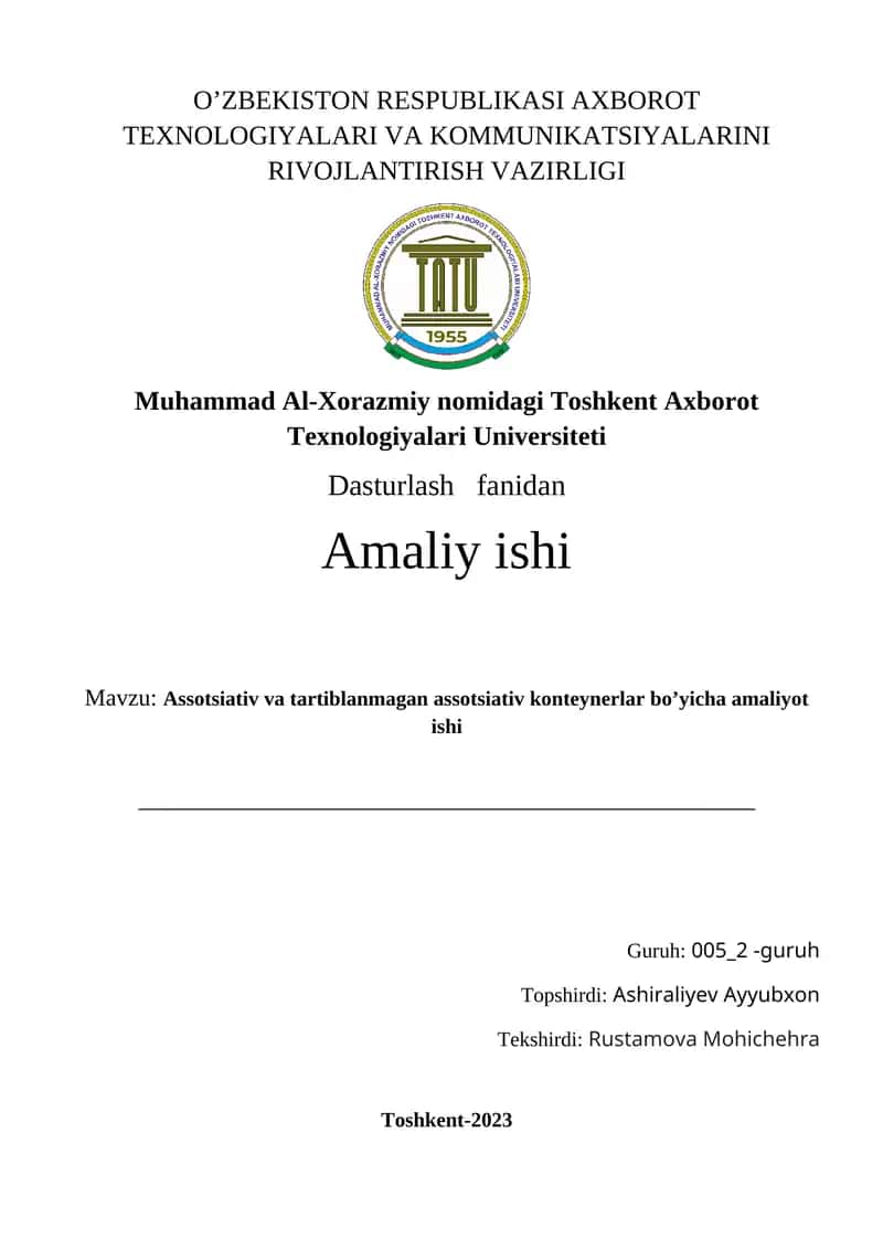 Assotsiativ va tartiblanmagan assotsiativ konteynerlar bo’yicha amaliyot ishi 1