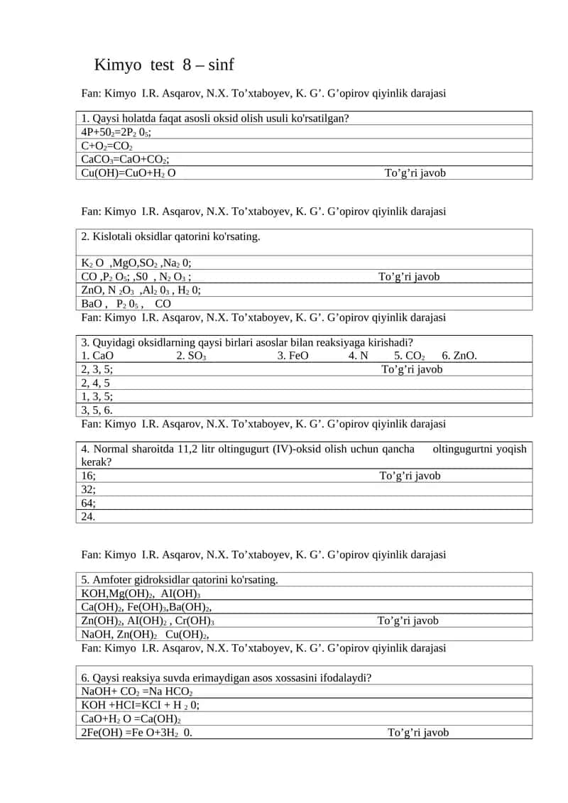 Kimyo test 8 – sinf 1