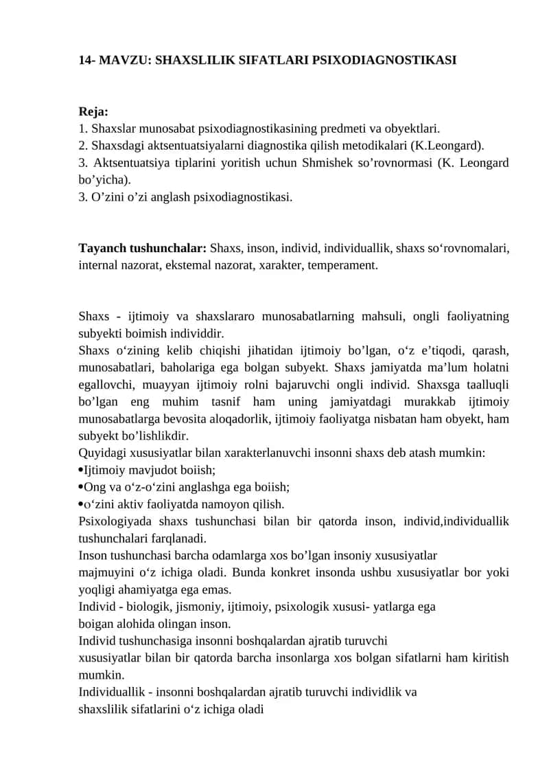 SHAXSLIK SIFATLARI PSIXODIAGNOSTIKASI 1