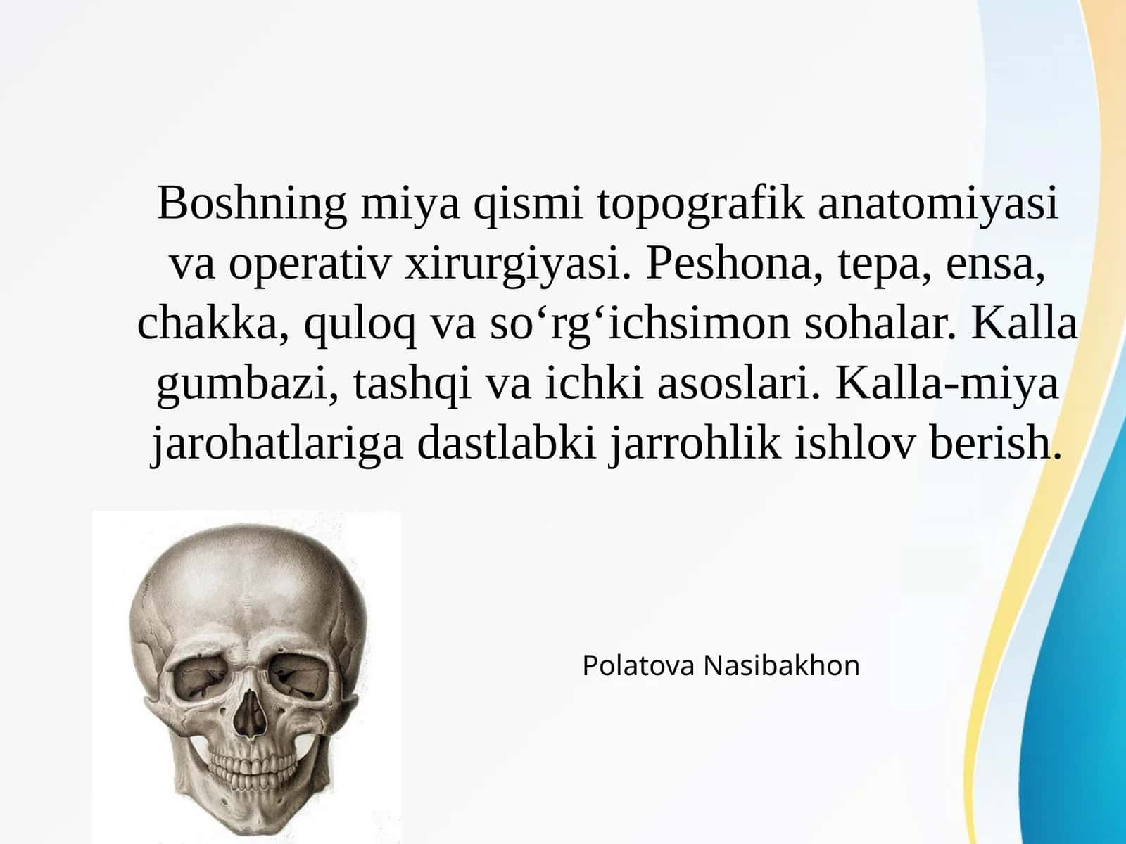 Boshning miya qismi topografik anatomiyasi va operativ xirurgiyasi 1