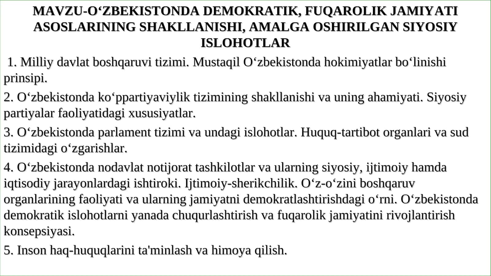 DEMOKRATIK, FUQAROLIK JAMIYATI ASOSLARINING SHAKLLANISHI, AMALGA OSHIRILGAN SIYOSIY ISLOHOTLAR 1