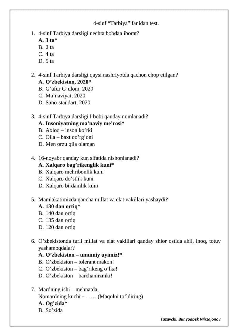 4-sinf “Tarbiya” fanidan test 1