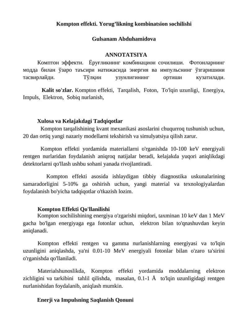 Kompton effekti. Yorug’likning kombinatsion sochilishi 1