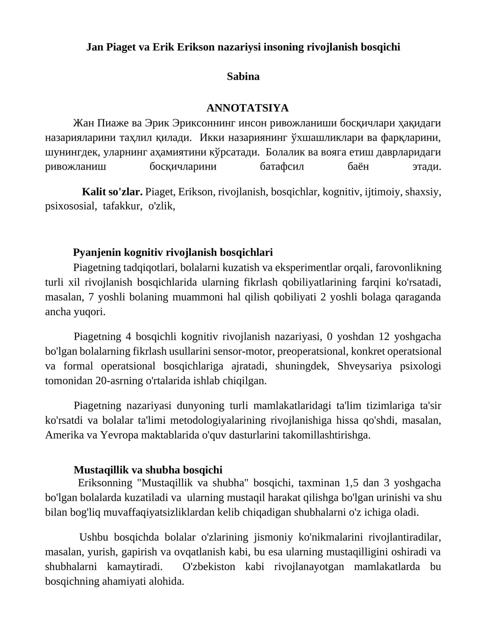 Jan Piaget va Erik Erikson nazariysi insoning rivojlanish bosqichi 1