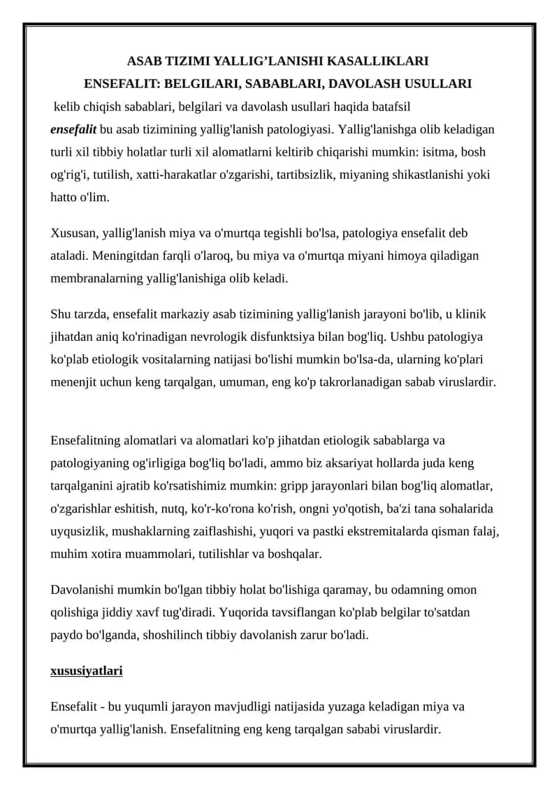 Ensefalit: Belgilari, Sabablari, Davolash Usullari 1