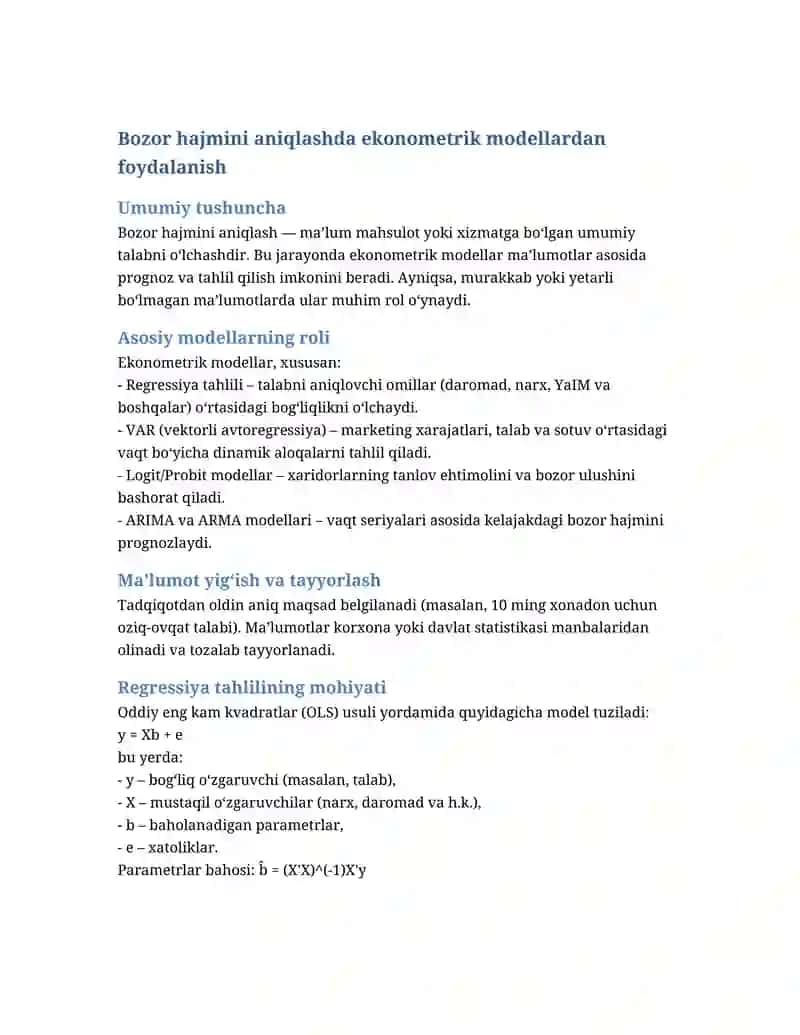 Bozor hajmini aniqlashda ekonometrik modellardan foydalanish