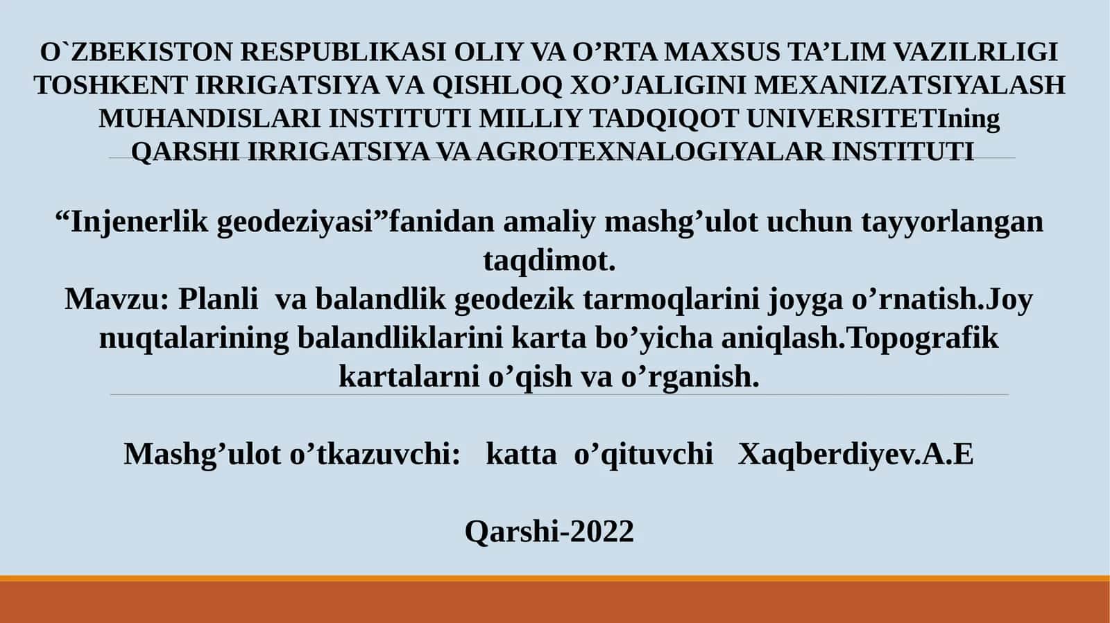 Injenerlik geodeziyasi fanidan amaliy mashg'ulot uchun taqdimot 1