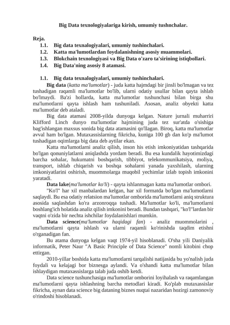 Big Data texnologiyalariga kirish, umumiy tushnchalar. 1