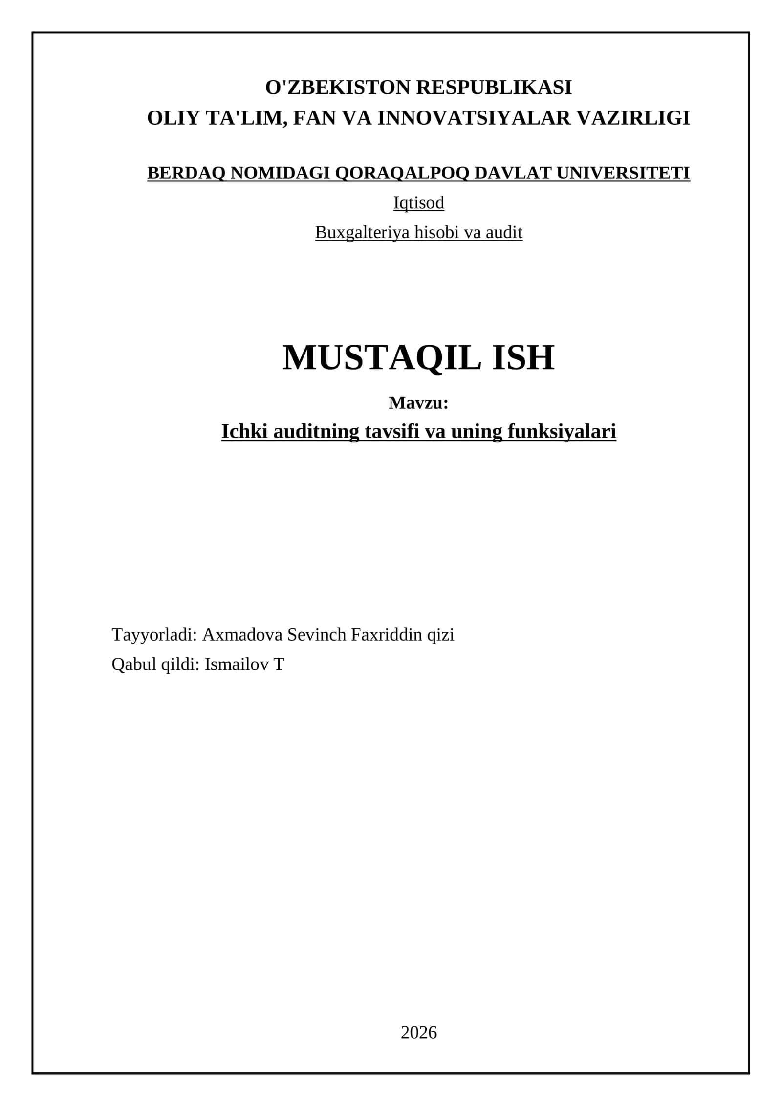 Ichki auditning tavsifi va uning funksiyalari 1