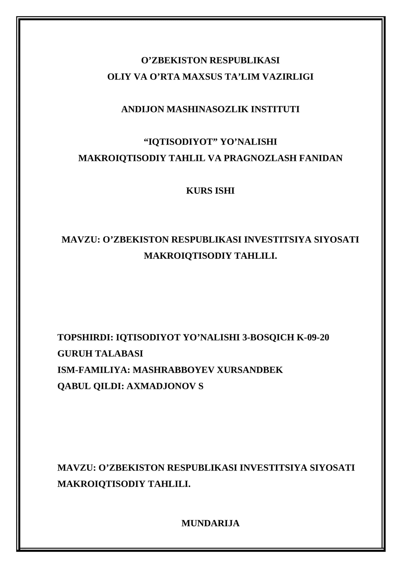 O’ZBEKISTON RESPUBLIKASI INVESTITSIYA SIYOSATI MAKROIQTISODIY TAHLIL 1