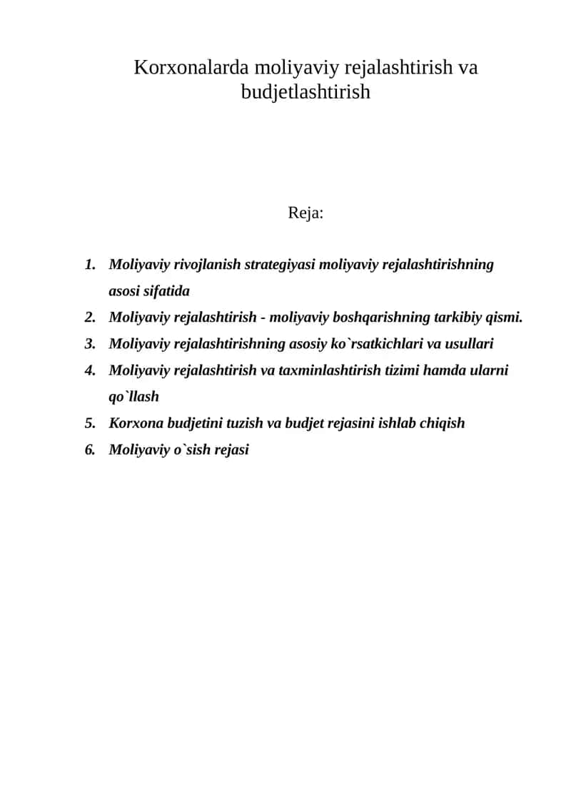 Korxonalarda moliyaviy rejalashtirish va budjetlashtirish 1
