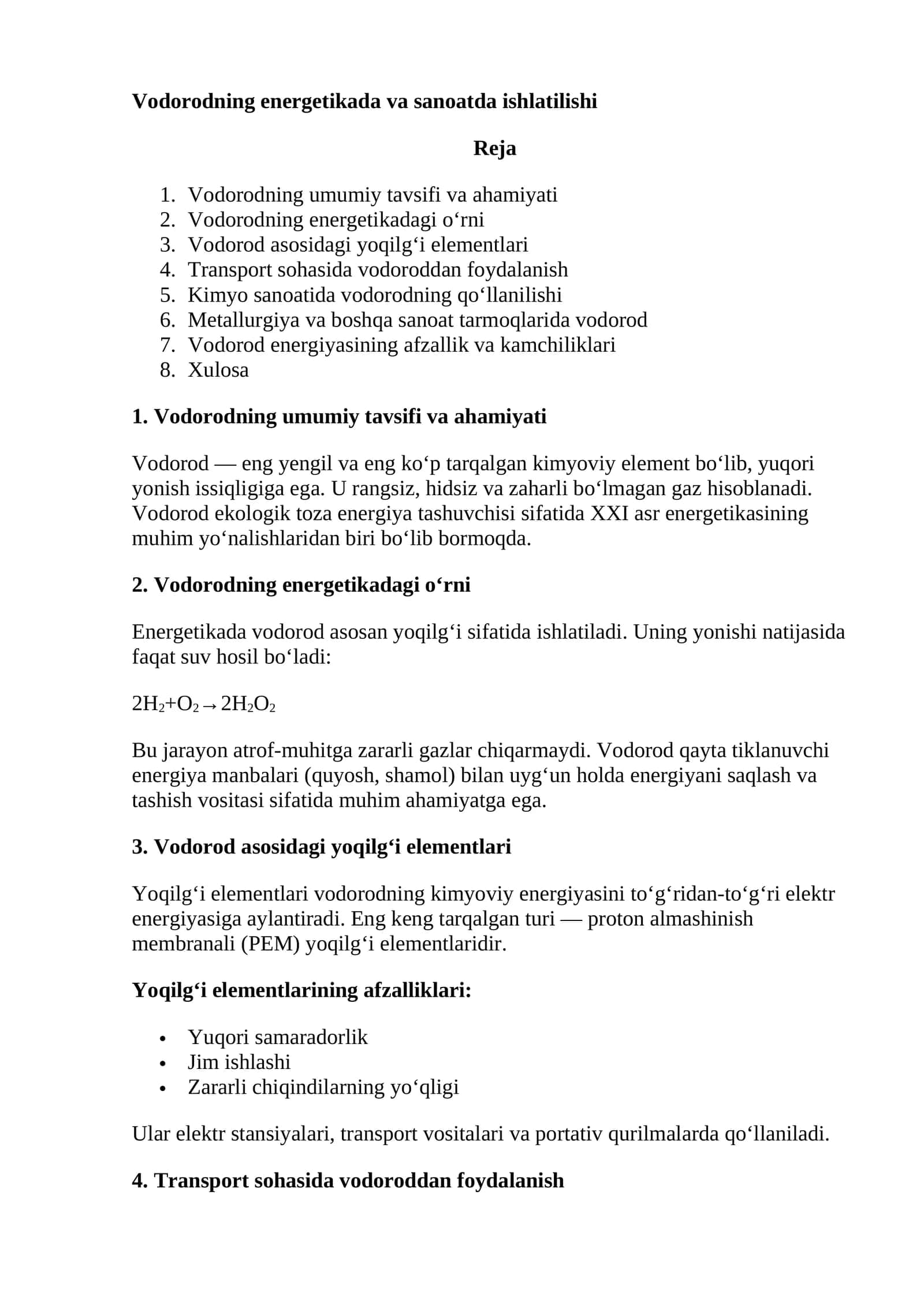 Vodorodning energetikada va sanoatda ishlatilishi 1