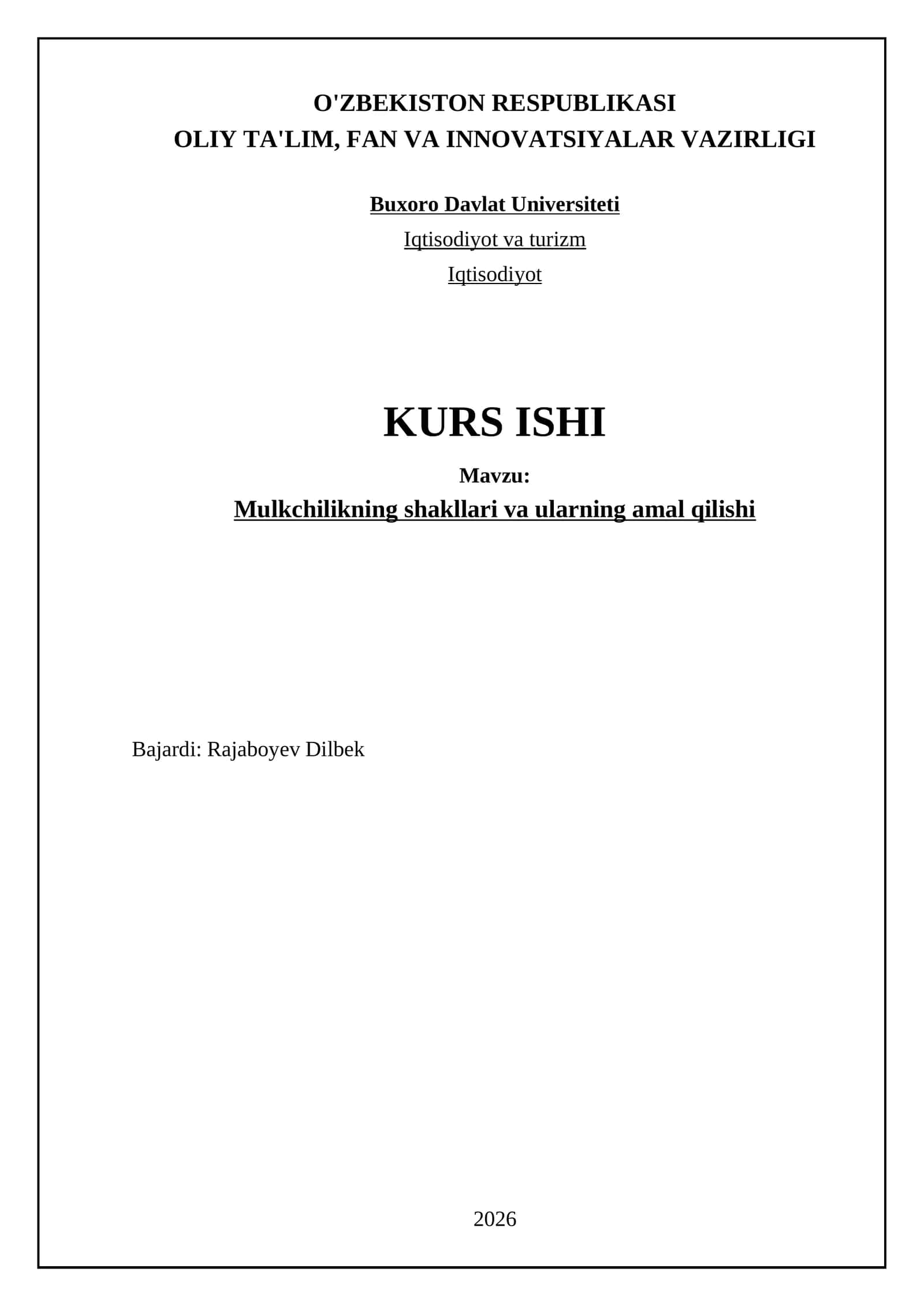 Mulkchilikning shakllari va ularning amal qilishi 1