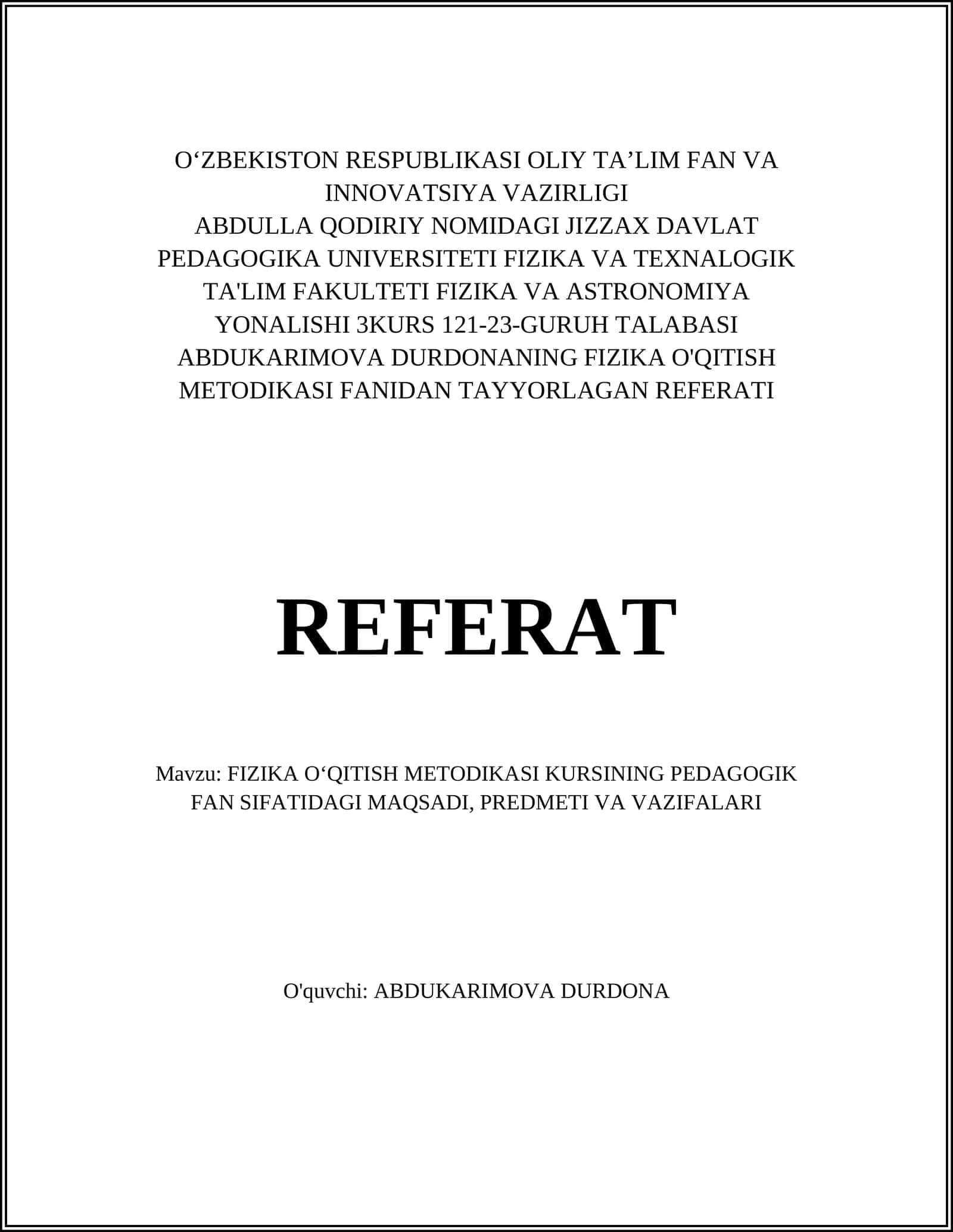 FIZIKA O'QITISH METODIKASI KURSI 1