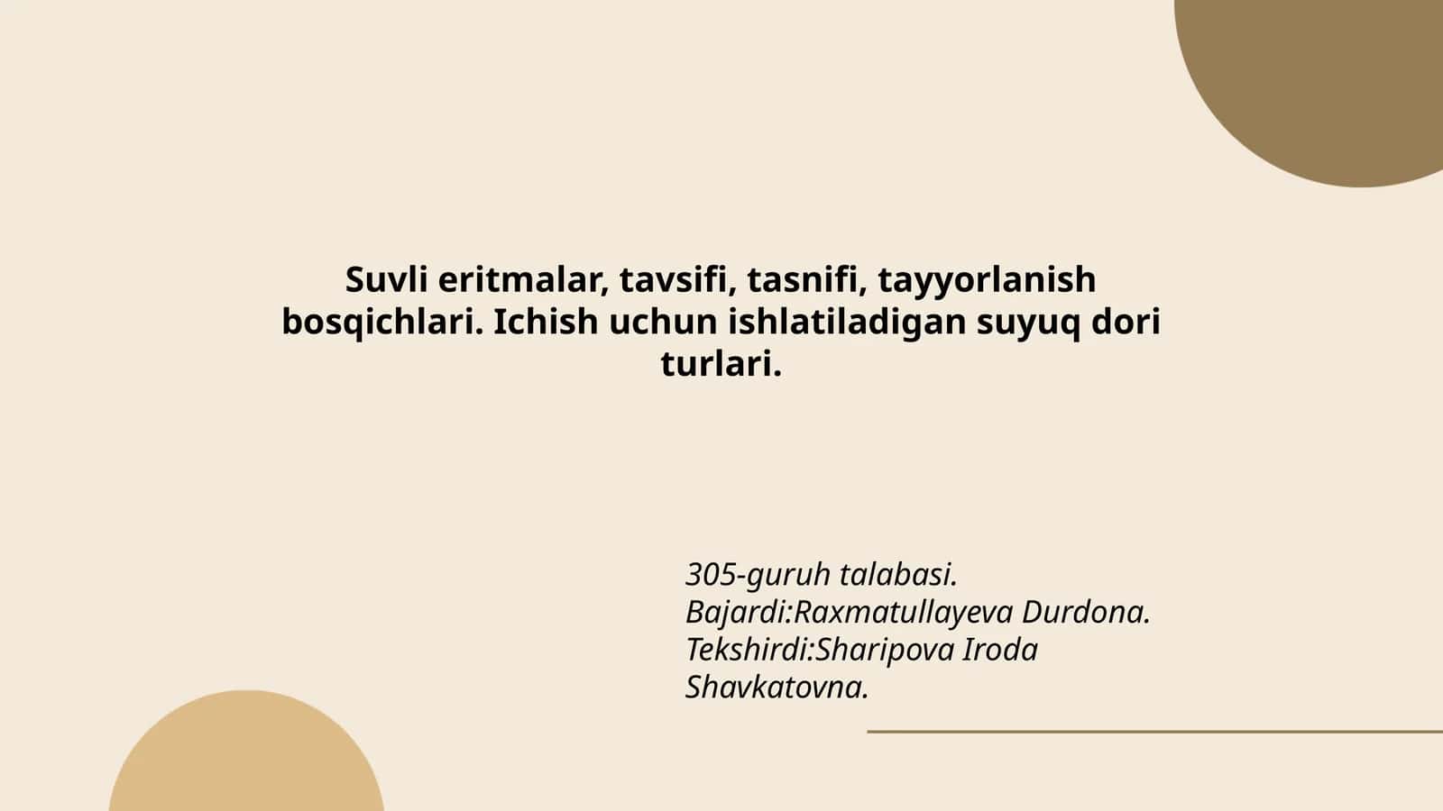 Suvli eritmalar, tavsifi, tasnifi, tayyorlanish bosqichlari. Ichish uchun ishlatiladigan suyuq dori turlari 1