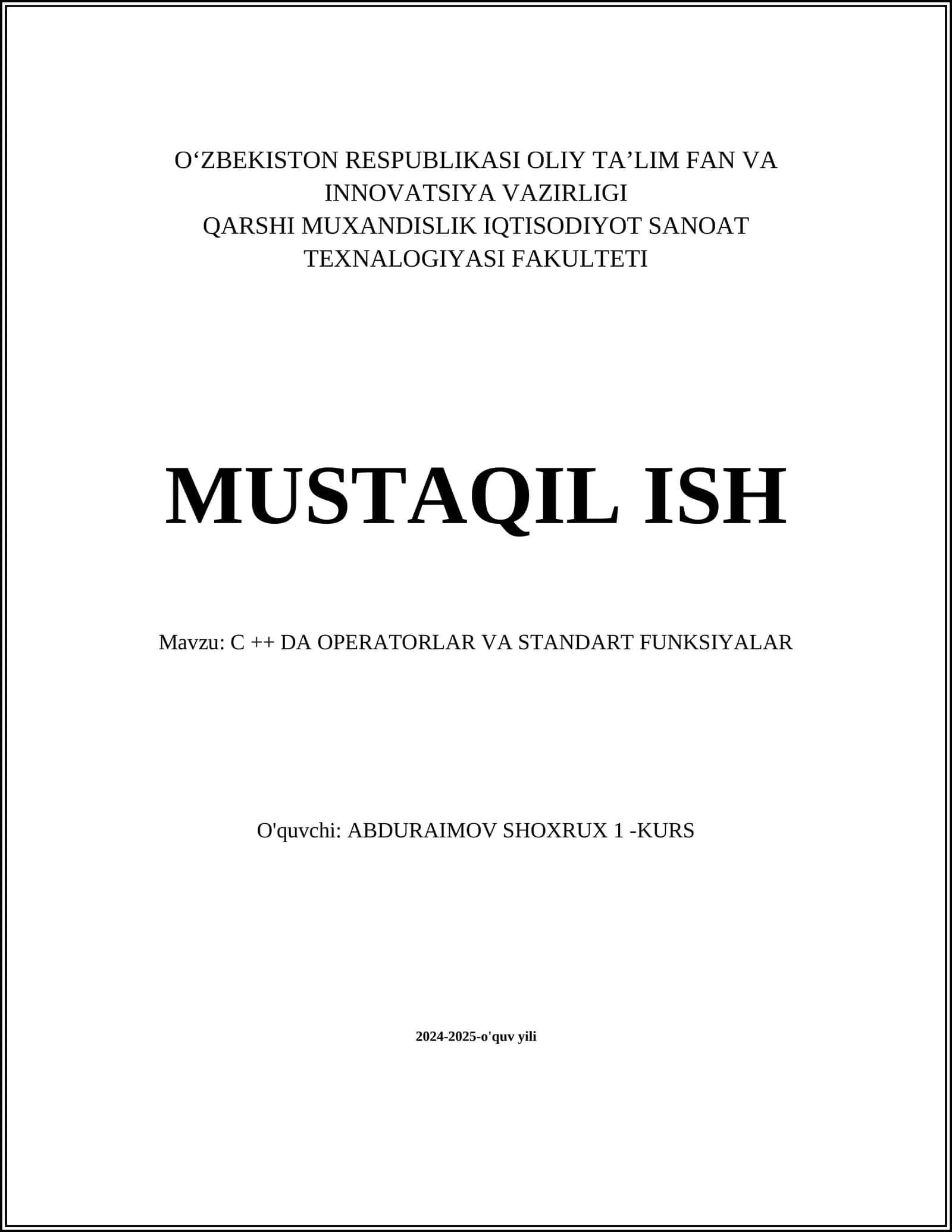 C ++ DA OPERATORLAR VA STANDART FUNKSIYALAR 1