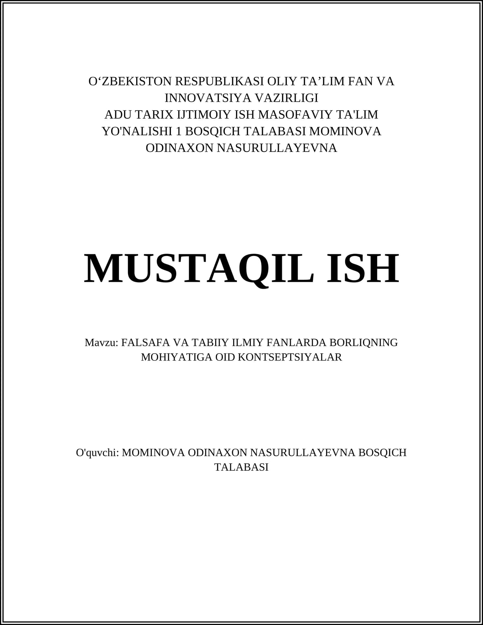 FALSAFA VA TABIIY ILMIY FANLARDA BORLIQNING MOHIYATIGA OID KONTSEPTSIYALAR 1