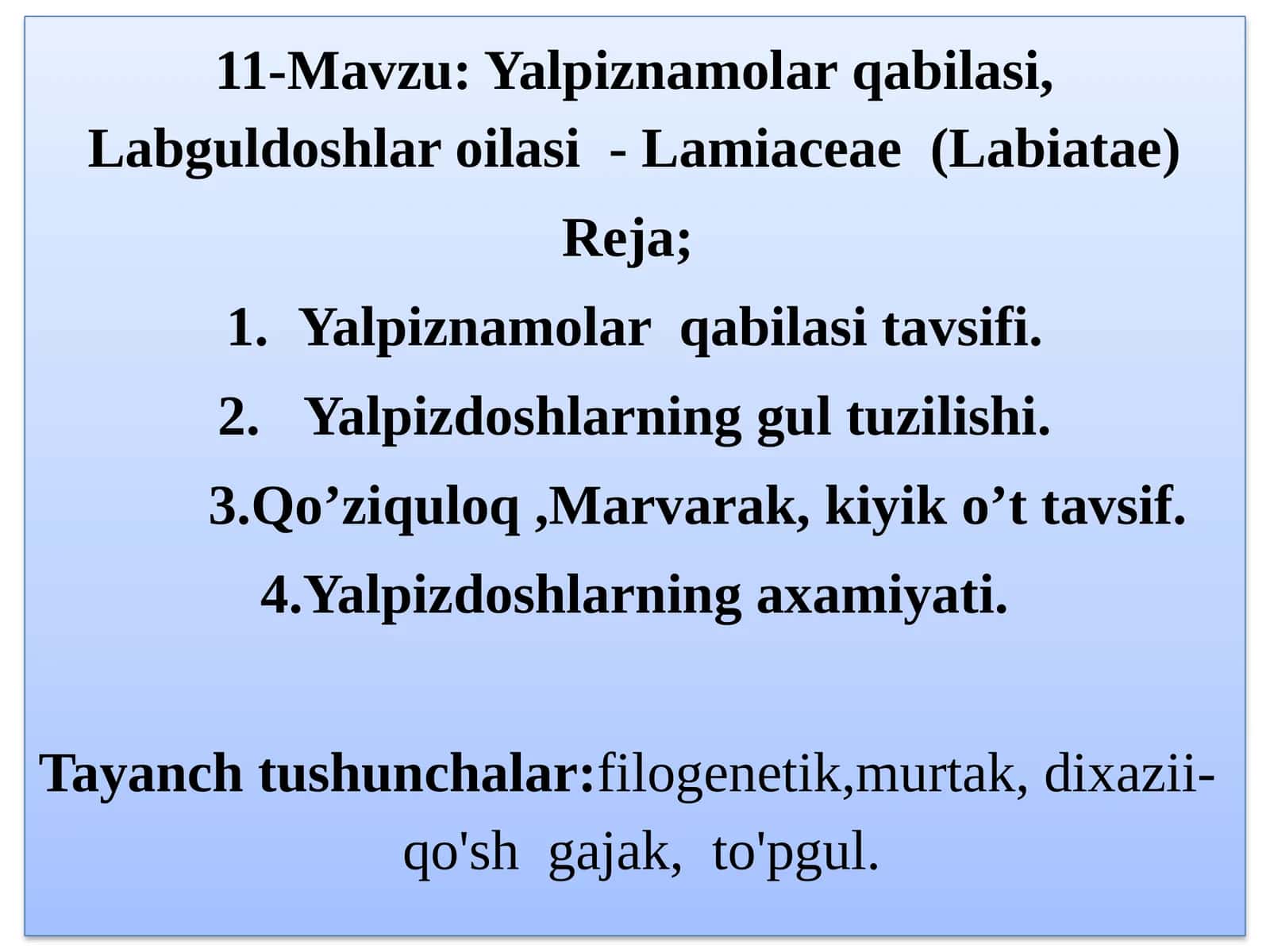 Yalpiznamolar qabilasi, Labguldoshlar oilasi - Lamiaceae (Labiatae) 1