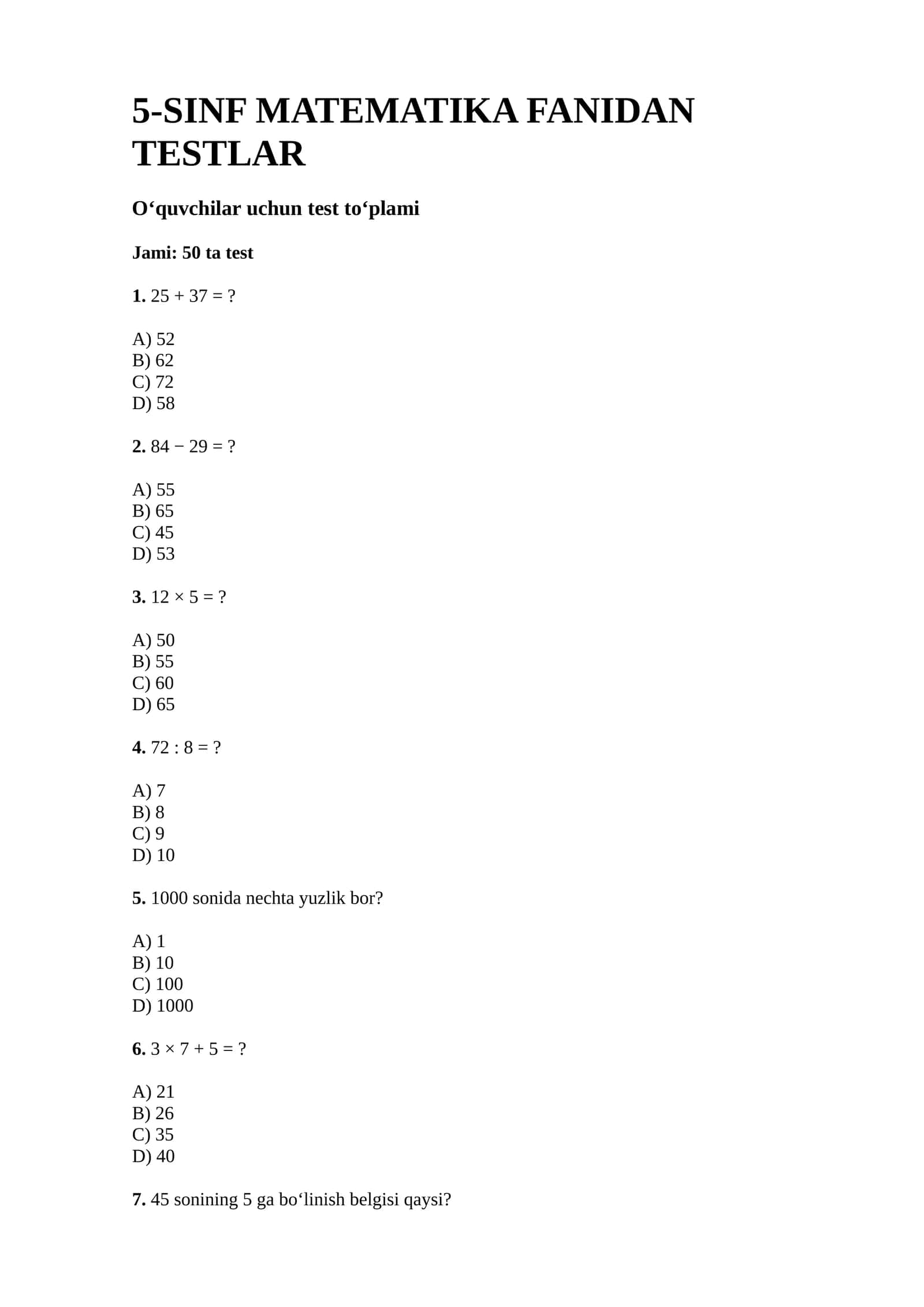5-SINF MATEMATIKA FANIDAN TESTLAR 1