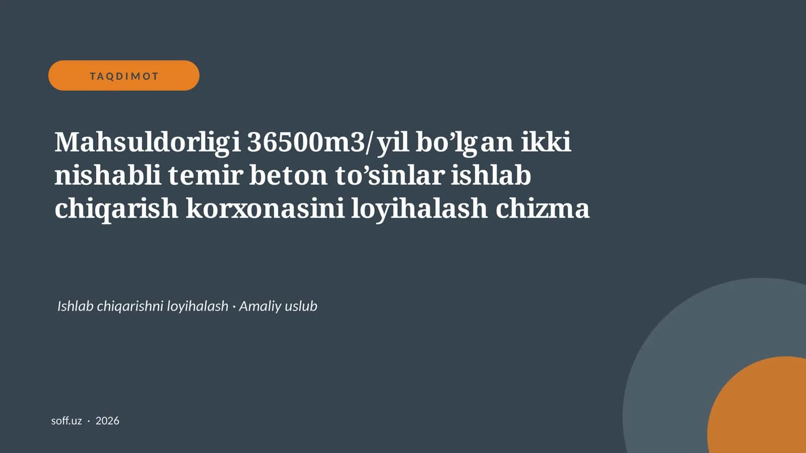 Mahsuldorligi 36500m3/yil bo’lgan ikki nishabli temir beton to’sinlar ishlab chiqarish korxonasini loyihalash chizma 1