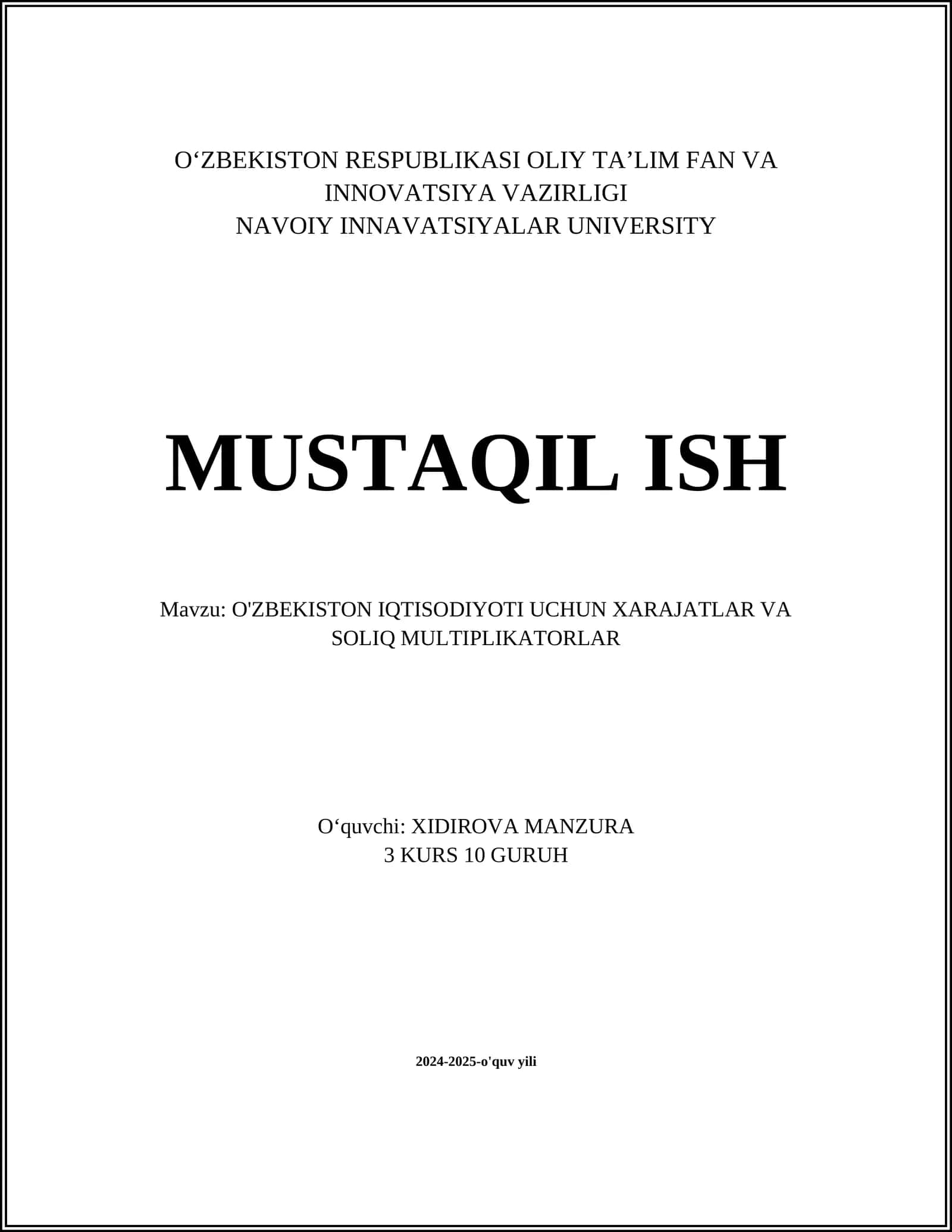 O'ZBEKISTON IQTISODIYOTI UCHUN XARAJATLAR VA SOLIQ MULTIPLIKATORLAR 1