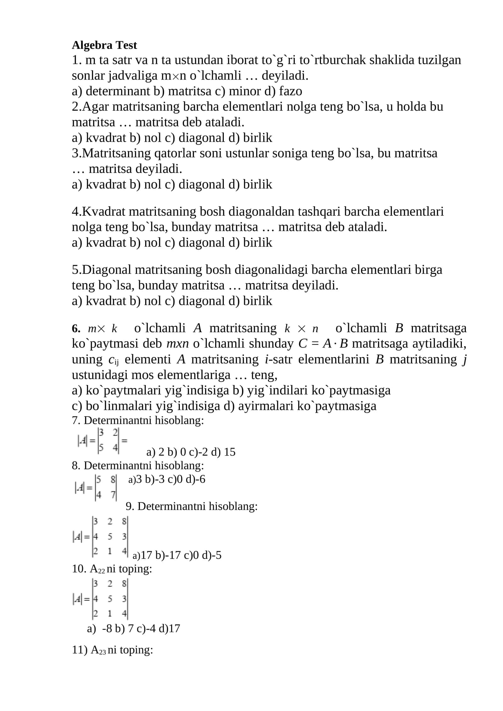 Algebra Test 1