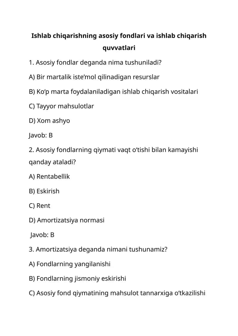 Ishlab chiqarishning asosiy fondlari va ishlab chiqarish quvvatlari 1