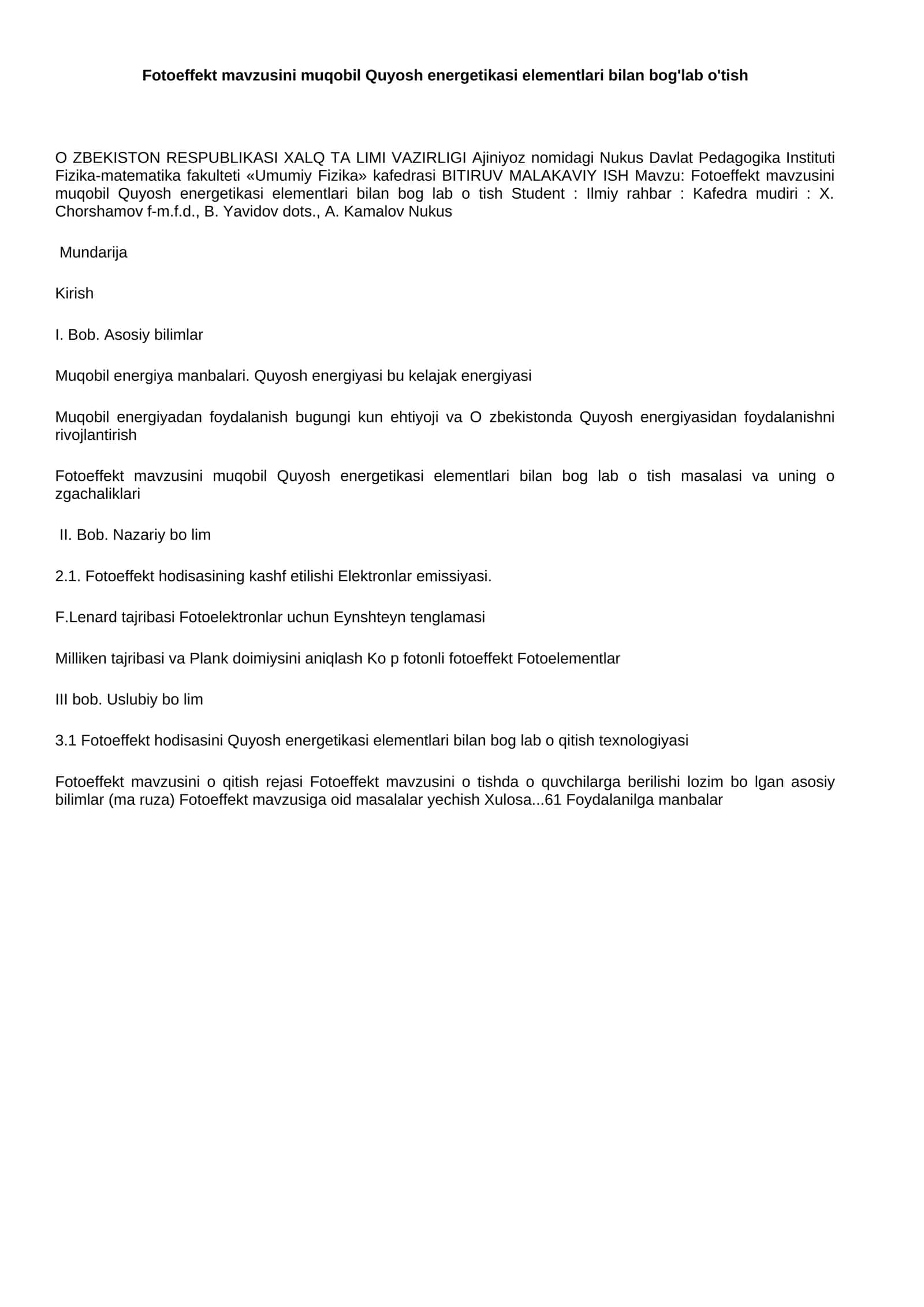 Fotoeffekt mavzusini muqobil Quyosh energetikasi elementlari bilan bog'lab o'tish 1
