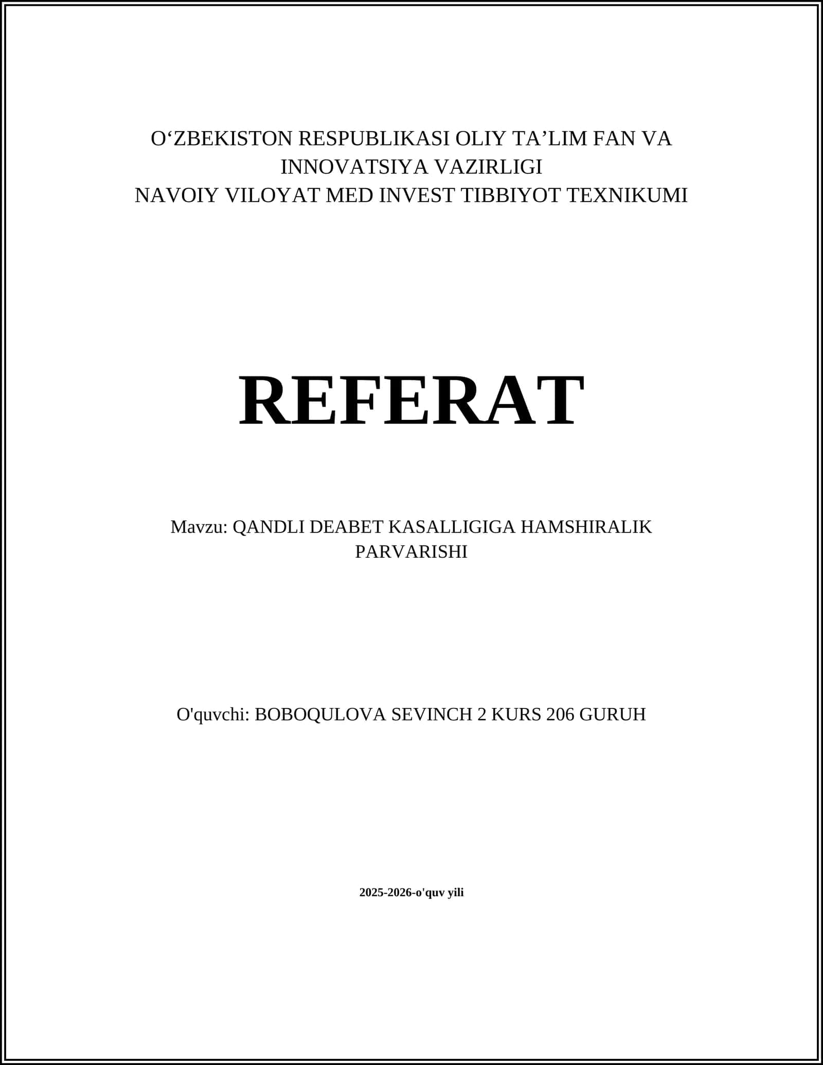 QANDLI DEABET KASALLIGIGA HAMSHIRALIK PARVARISHI 1