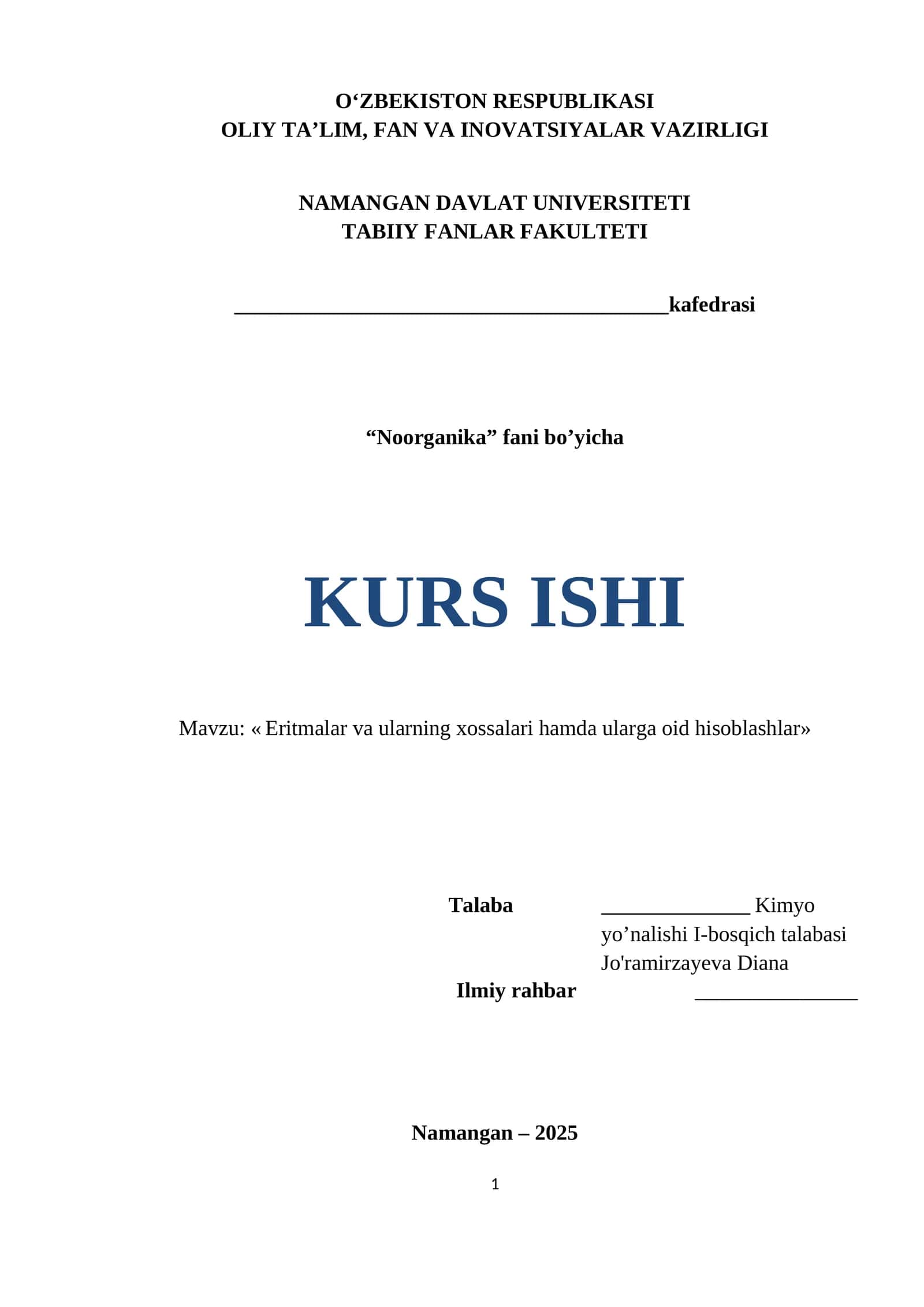 KURS ISHI "Eritmalar va ularning xossalari hamda ularga oid hisoblashlar" 1