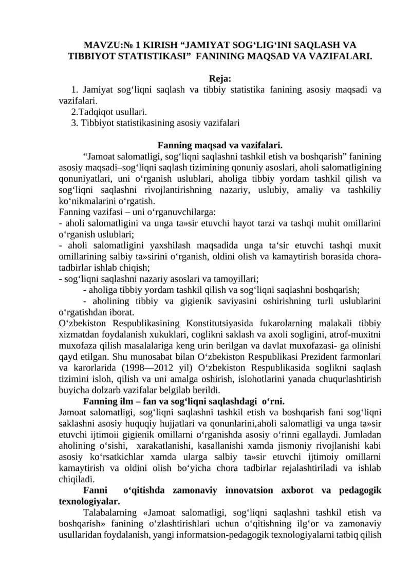 Jamiyat Sog'liqni Saqlash va Tibbiy Statistikasi 1