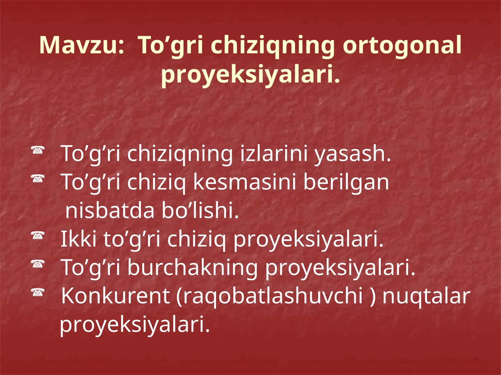 To’gri chiziqning ortoganal proyeksiyalari. To’gri chiziqning izlarini yasash 1