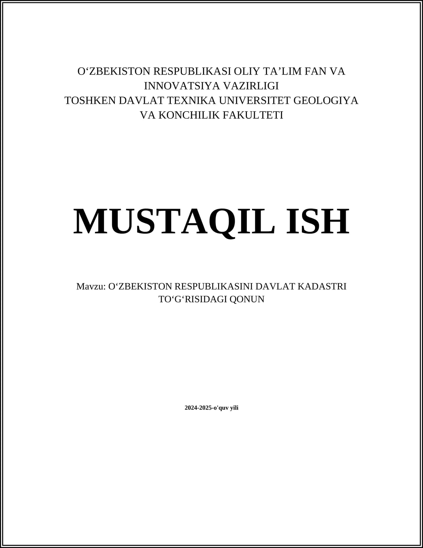 OʻZBEKISTON RESPUBLIKASINI DAVLAT KADASTRI TOʻGʻRISIDAGI QONUN 1