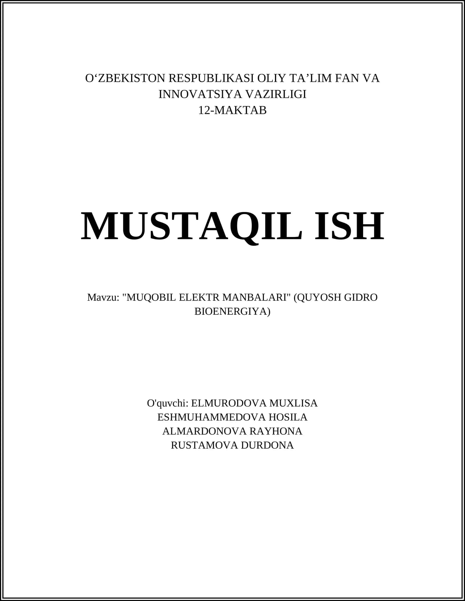 MUQOBIL ELEKTR MANBALARI (QUYOSH GIDRO BIOENERGIYA) 1