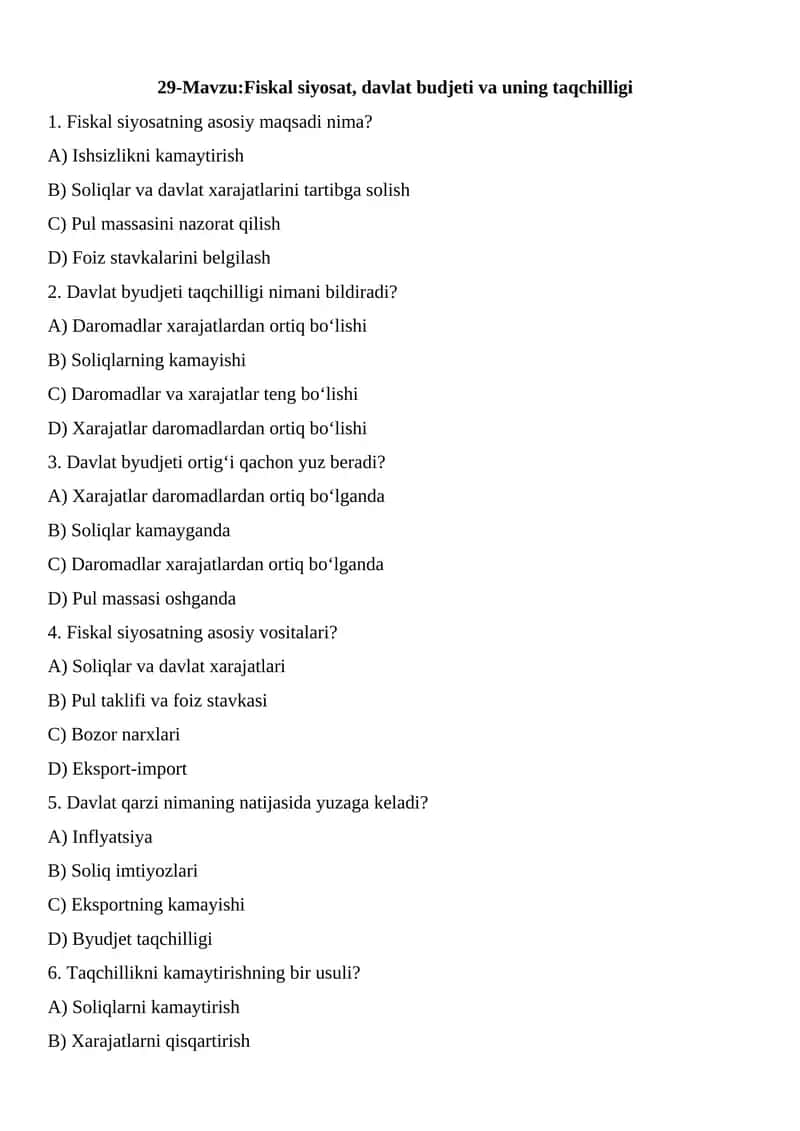 Iqtisodiyot mavzularga oid testlar 1