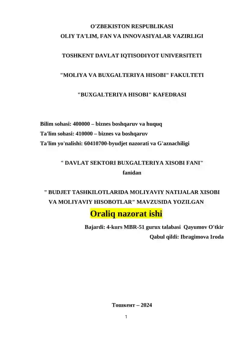 Budjet tashkilotlarida moliyaviy natijalar xisosida yozilgan