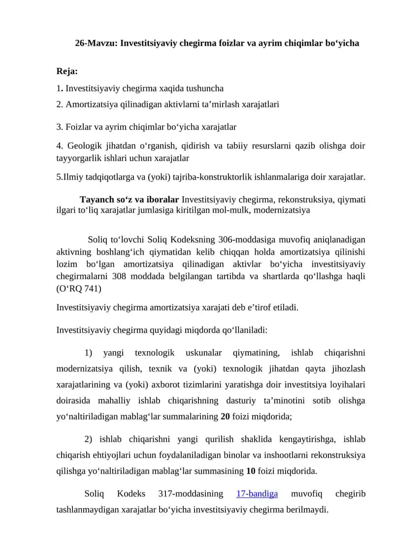 Investitsiyaviy chegirma foizlar va ayrim chiqimlar 1