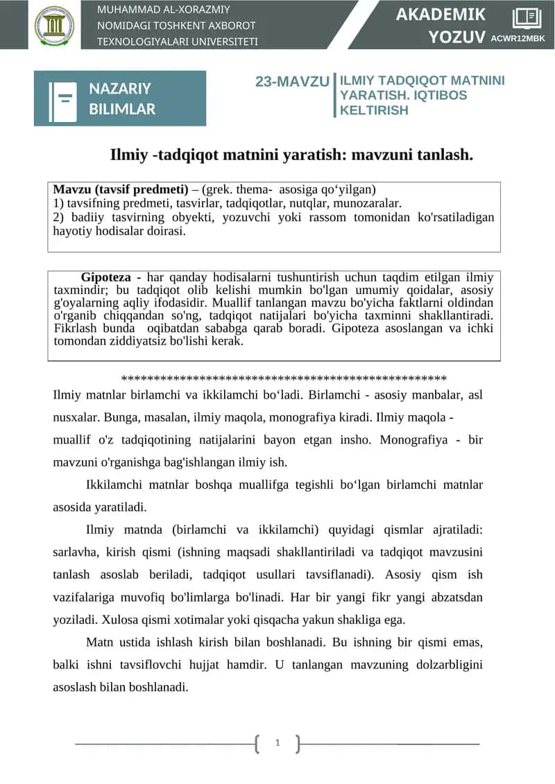 MAVZU ILMIY TADQIQOT MATNINI YARATISH. IQTIBOS KELTIRISH NAZARIY BILIMLAR 1