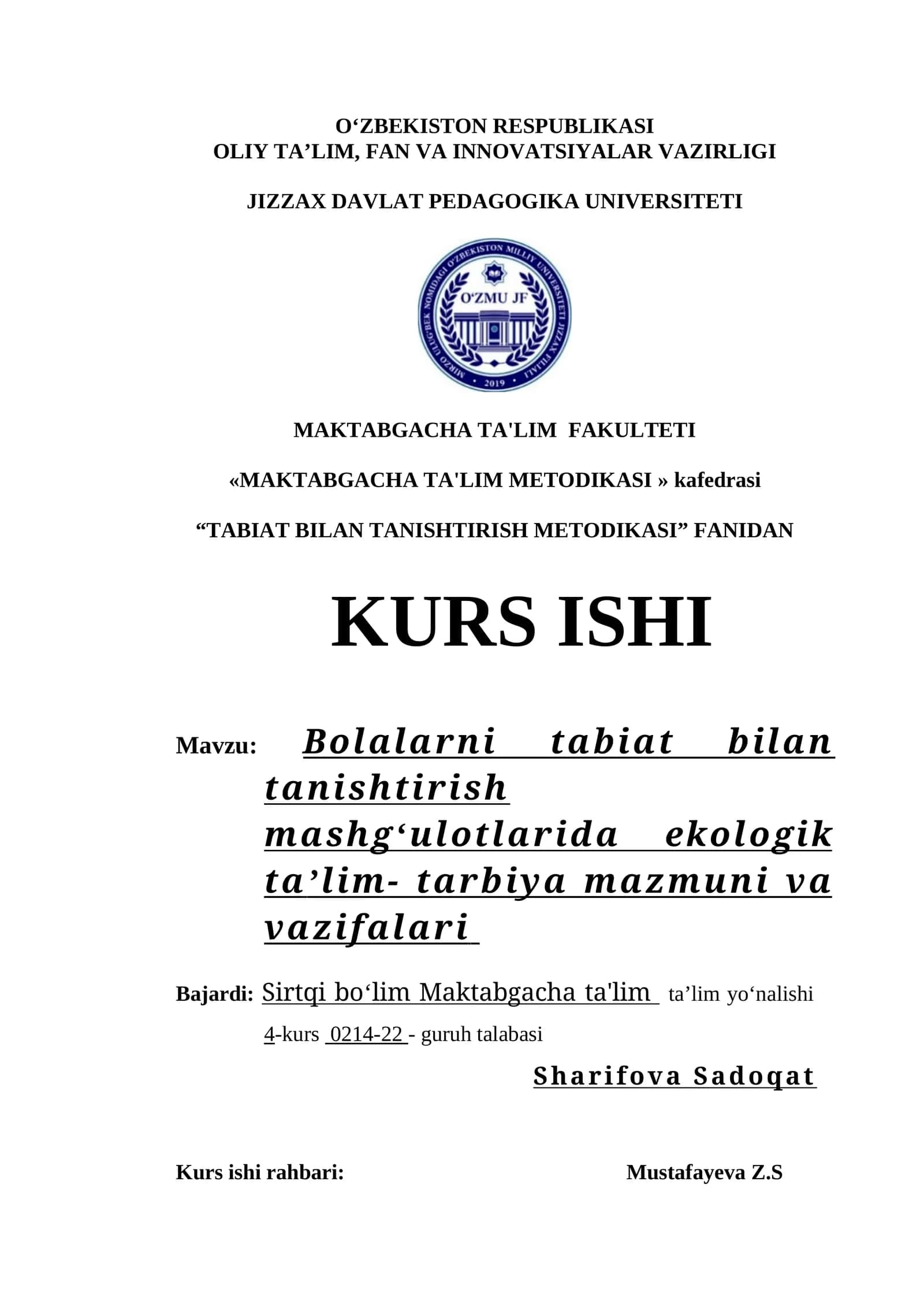 Bolalarni tabiat bilan tanishtirish mashgʻulotlarida ekologik taʼlim- tarbiya mazmuni va vazifalari 1