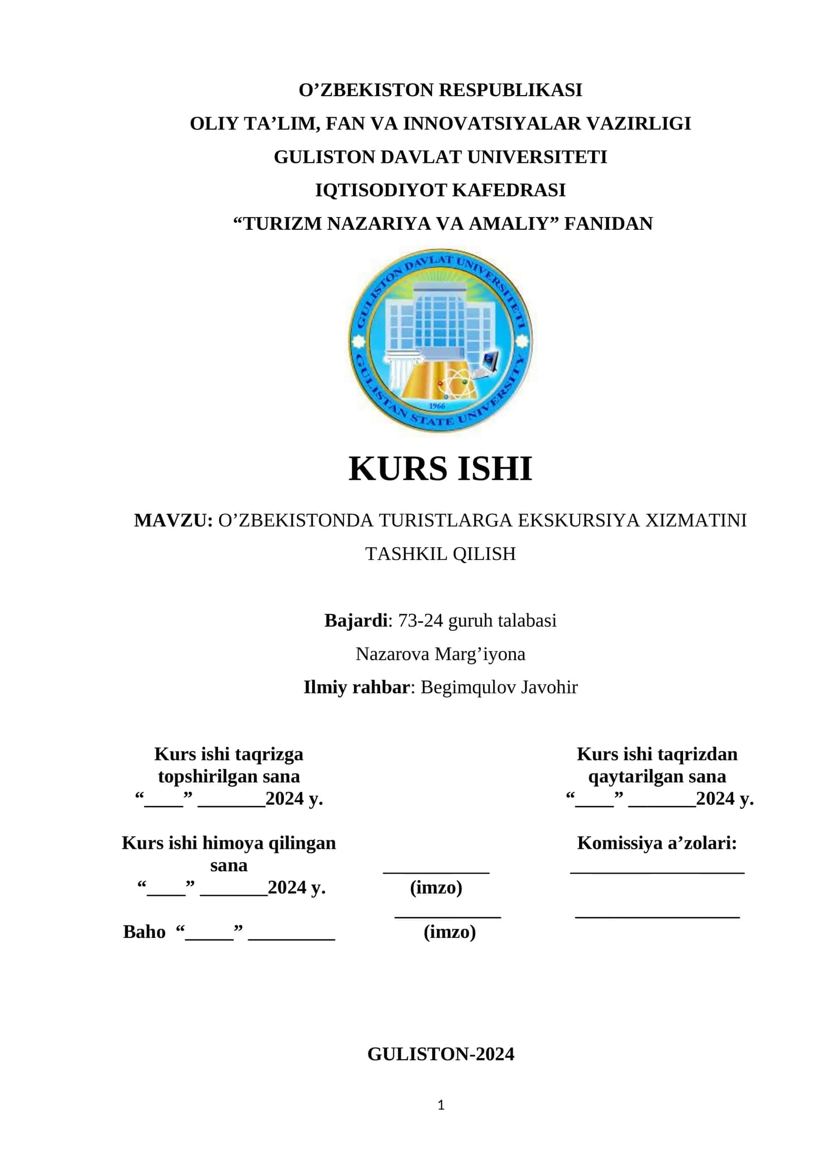 KURS ISHI: O’ZBEKISTONDA TURISTLARGA EKSKURSIYA XIZMATINI TASHKIL QILISH 1