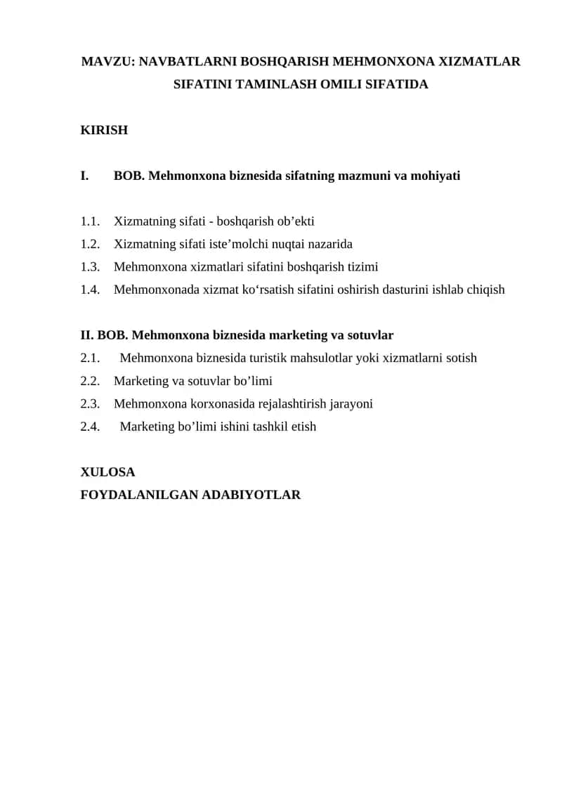 NAVBATLARNI BOSHQARISH MEHMONXONA XIZMATLAR SIFATINI TAMINLASH OMILI SIFATIDA 1