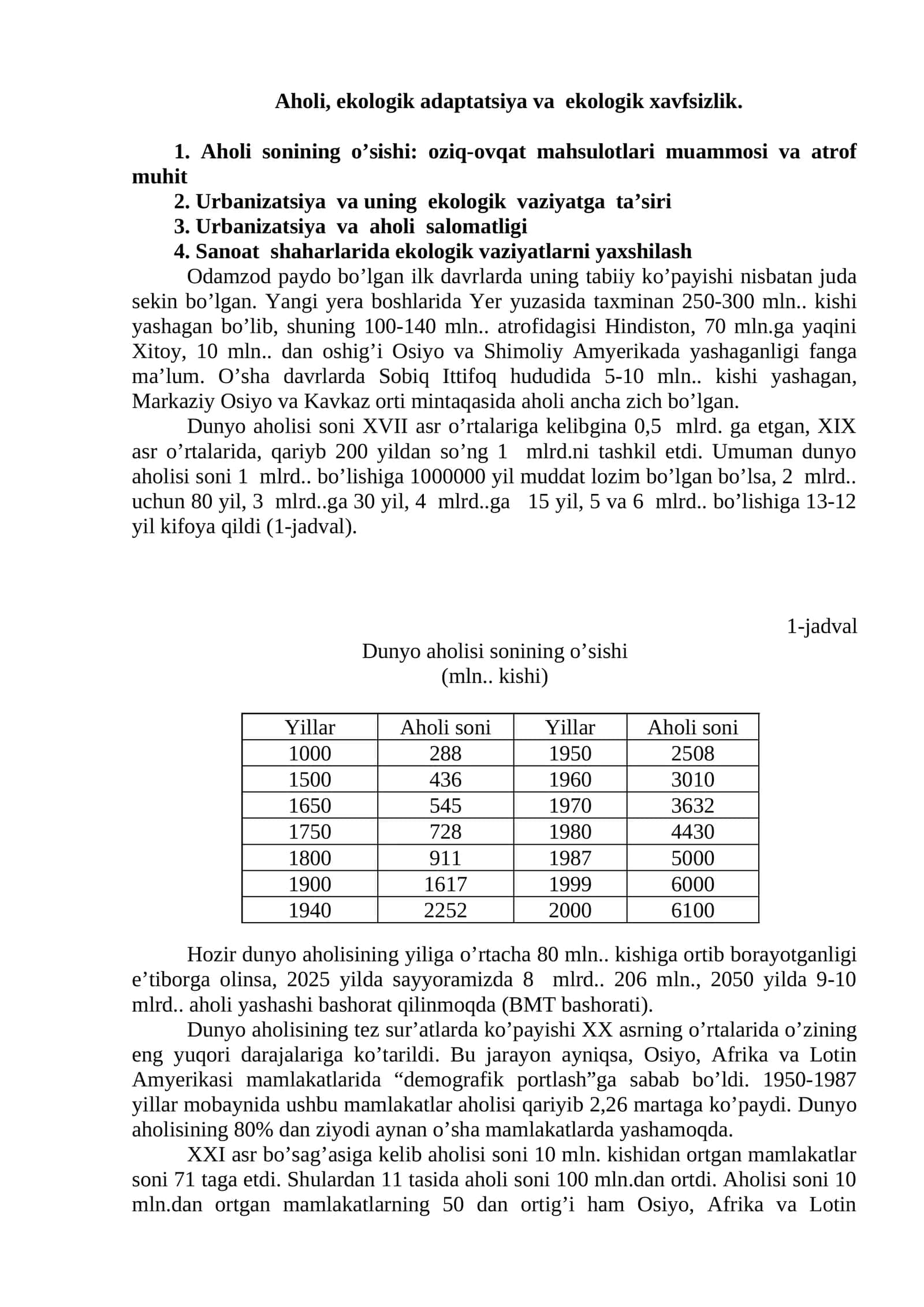 Aholi, ekologik adaptatsiya va ekologik xavfsizlik 1