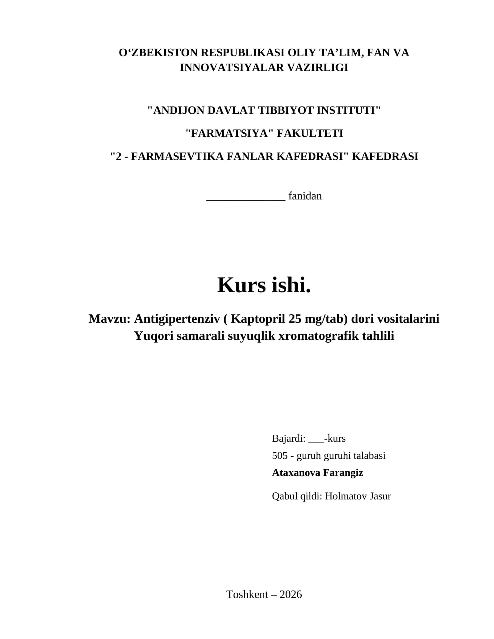 Antigipertenziv ( Kaptopril 25 mg/tab) dori vositalarini Yuqori samarali suyuqlik xromatografik tahlili 1