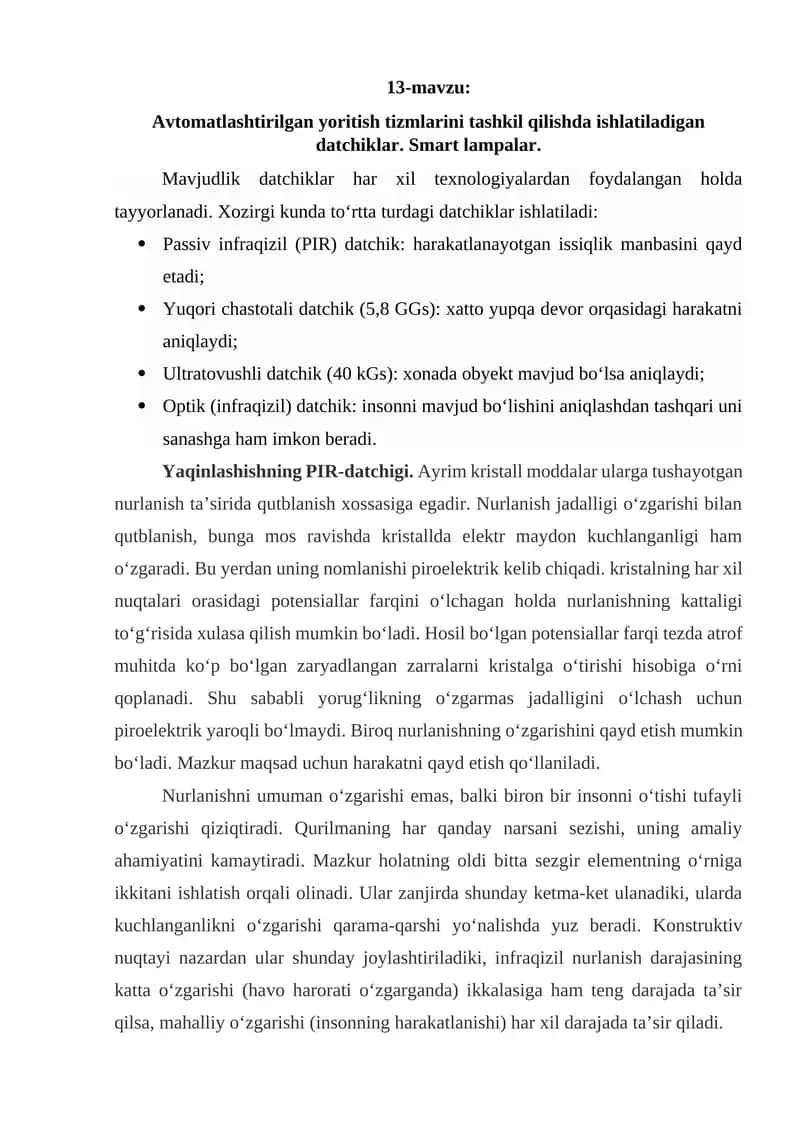 Avtomatlashtirilgan yoritish tizmlarini tashkil qilishda ishlatiladigan datchiklar 1